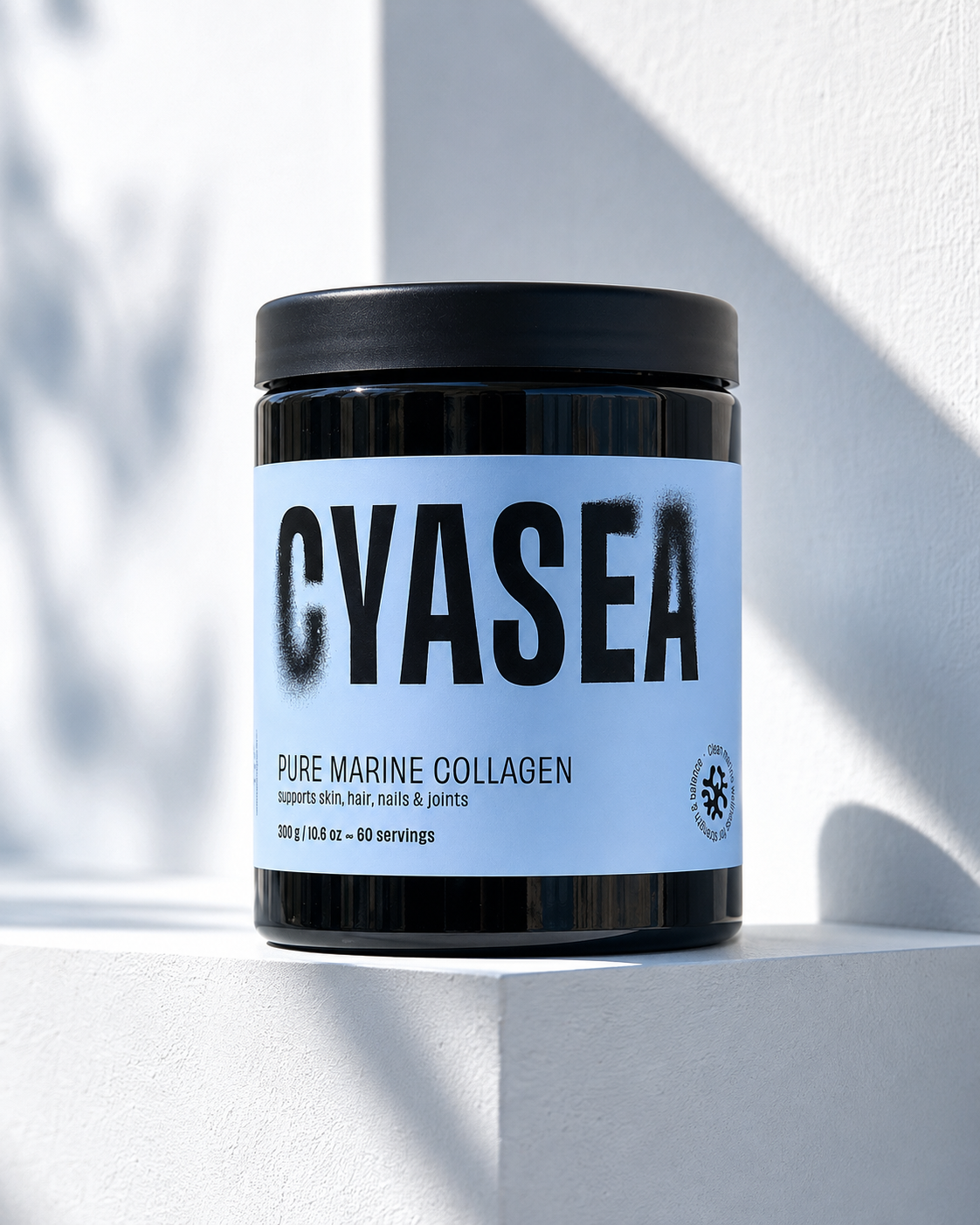 CYASEA Pure Marine Collagen 300g jar on a light grey surface, single ingredient hydrolysed marine collagen from Norway.